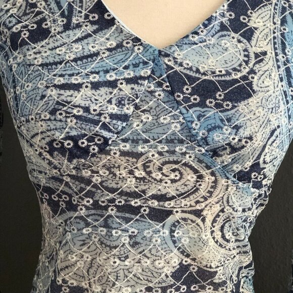 Vintage Y2K Blue Paisley Baby Doll Top - Flare Bell Sleeve Fairy Core Coquette - Picture 3 of 10